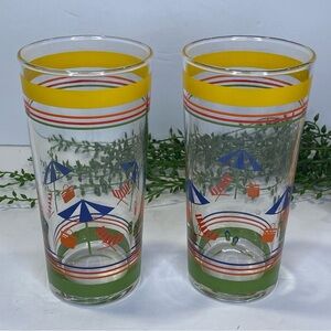 Vintage Summer Beach Chair Umbrella Highball Drinking Glasses